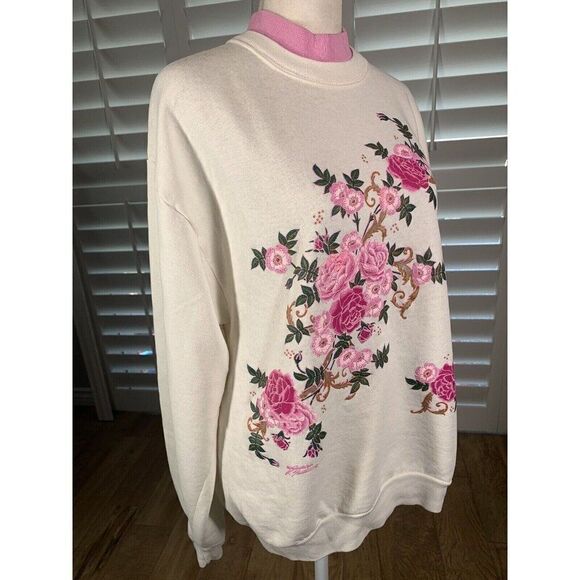 Vtg Grandma Core Double Collar White Pink Flowers Sweatshirt M/L K Hamilton - Picture 4 of 12